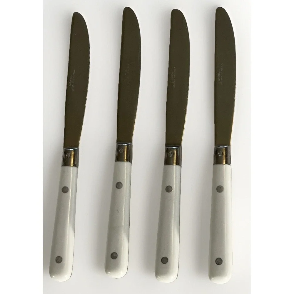 4 Carnival‎ White Handle Dinner Knives Stainless Flatware Korea 3 Rivets